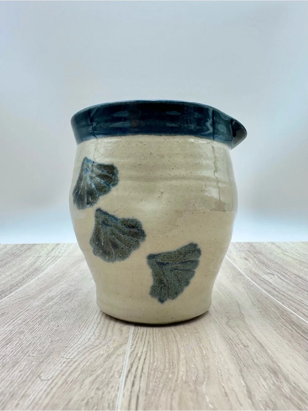 Vintage Blue & Beige Salt Glazed Creamer Handmade Stoneware Pottery Signed